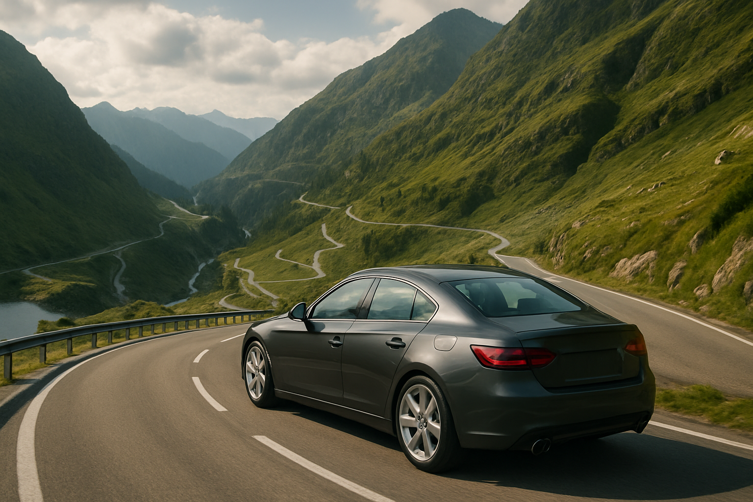 Dark grey car driving along a winding mountain road under soft daylight, surrounded by green hills and blue sky