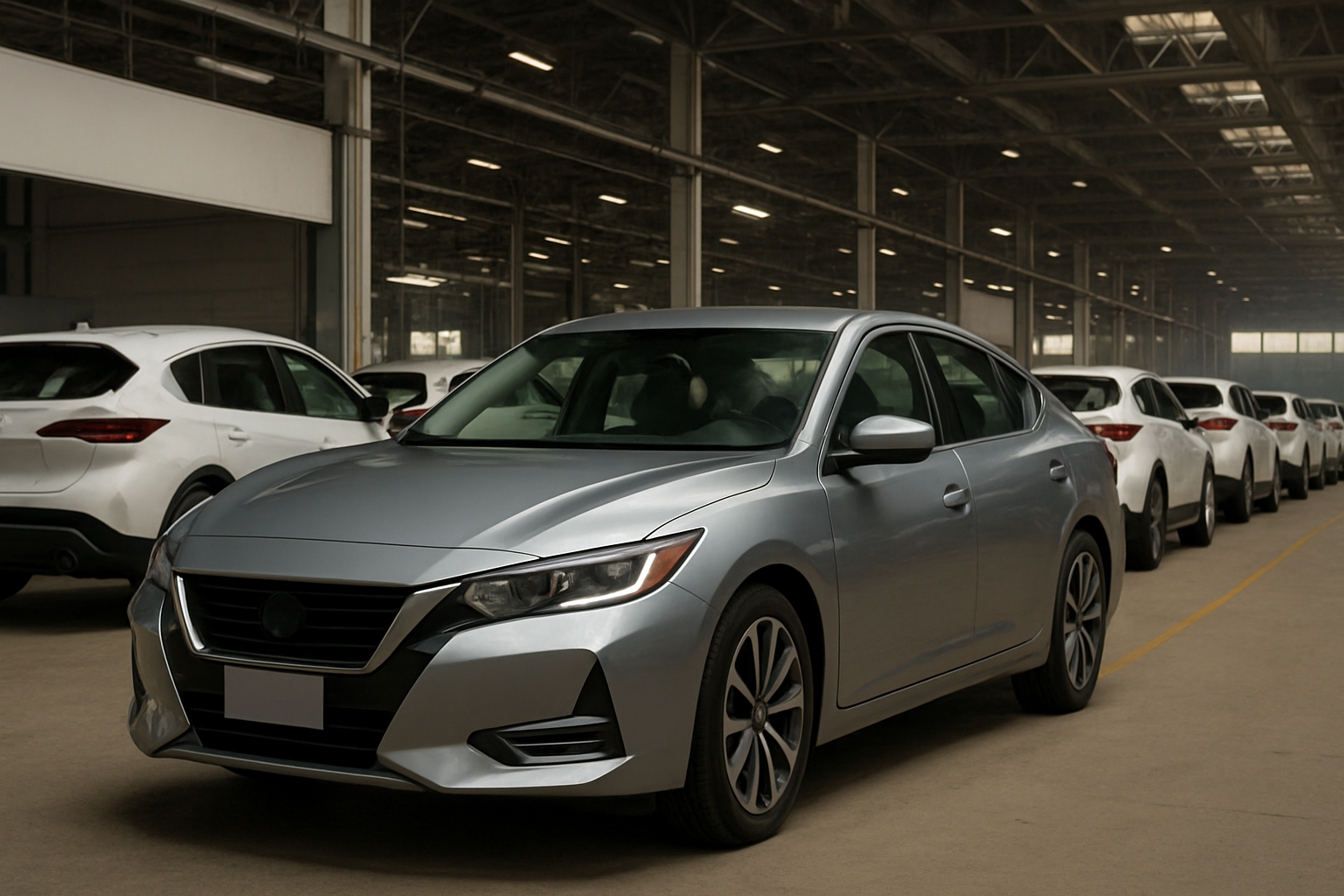 A silver sedan parked indoors among rows of white cars under industrial skylights and metal roof beams