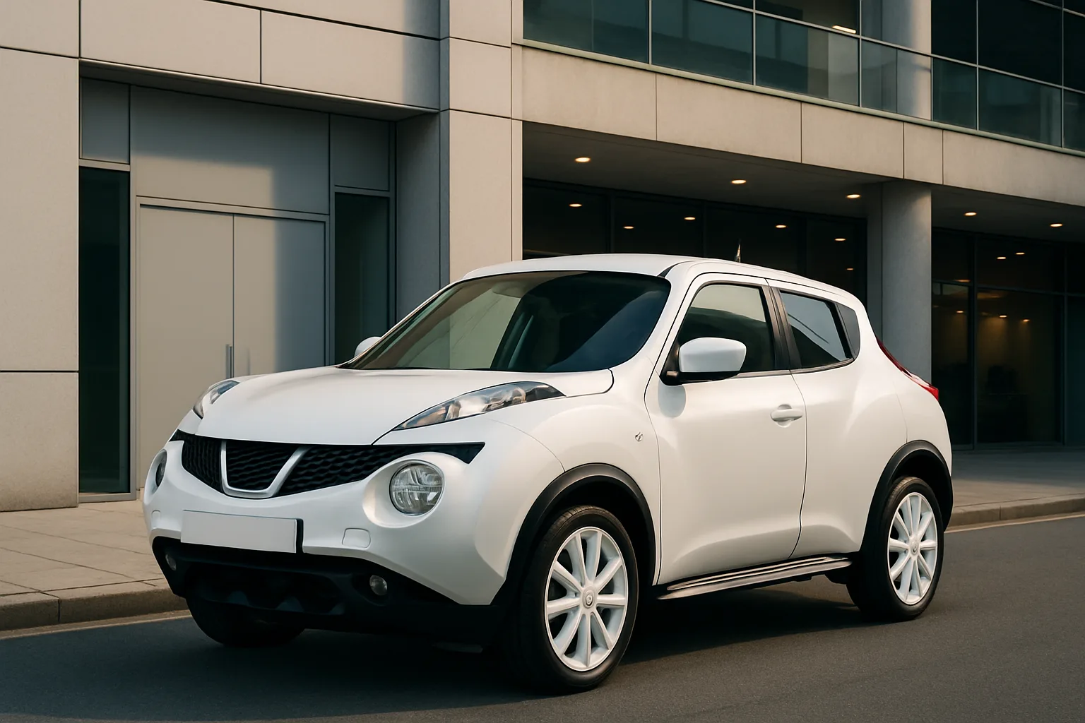 Compact white crossover car with rounded contours and large headlights parked on a clean street beside a modern building
