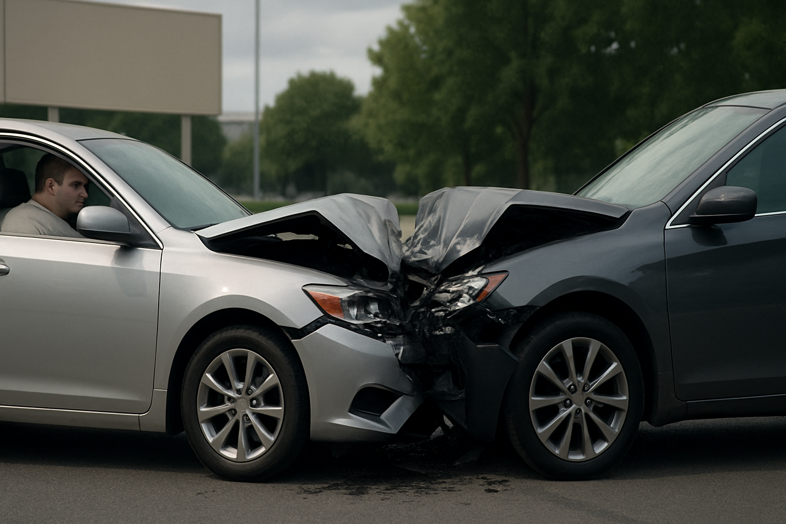 Two sedans with crumpled hoods after a head-on collision, with one man sitting in the driver’s seat of the silver car