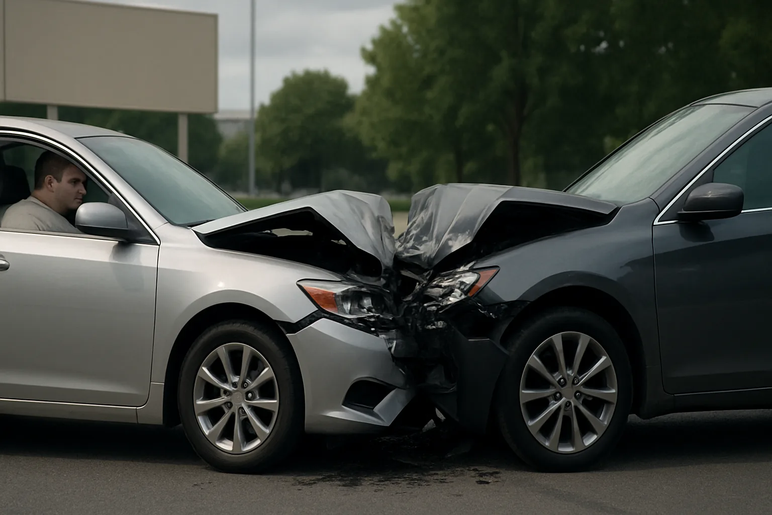 Two sedans with crumpled hoods after a head-on collision, with one man sitting in the driver’s seat of the silver car