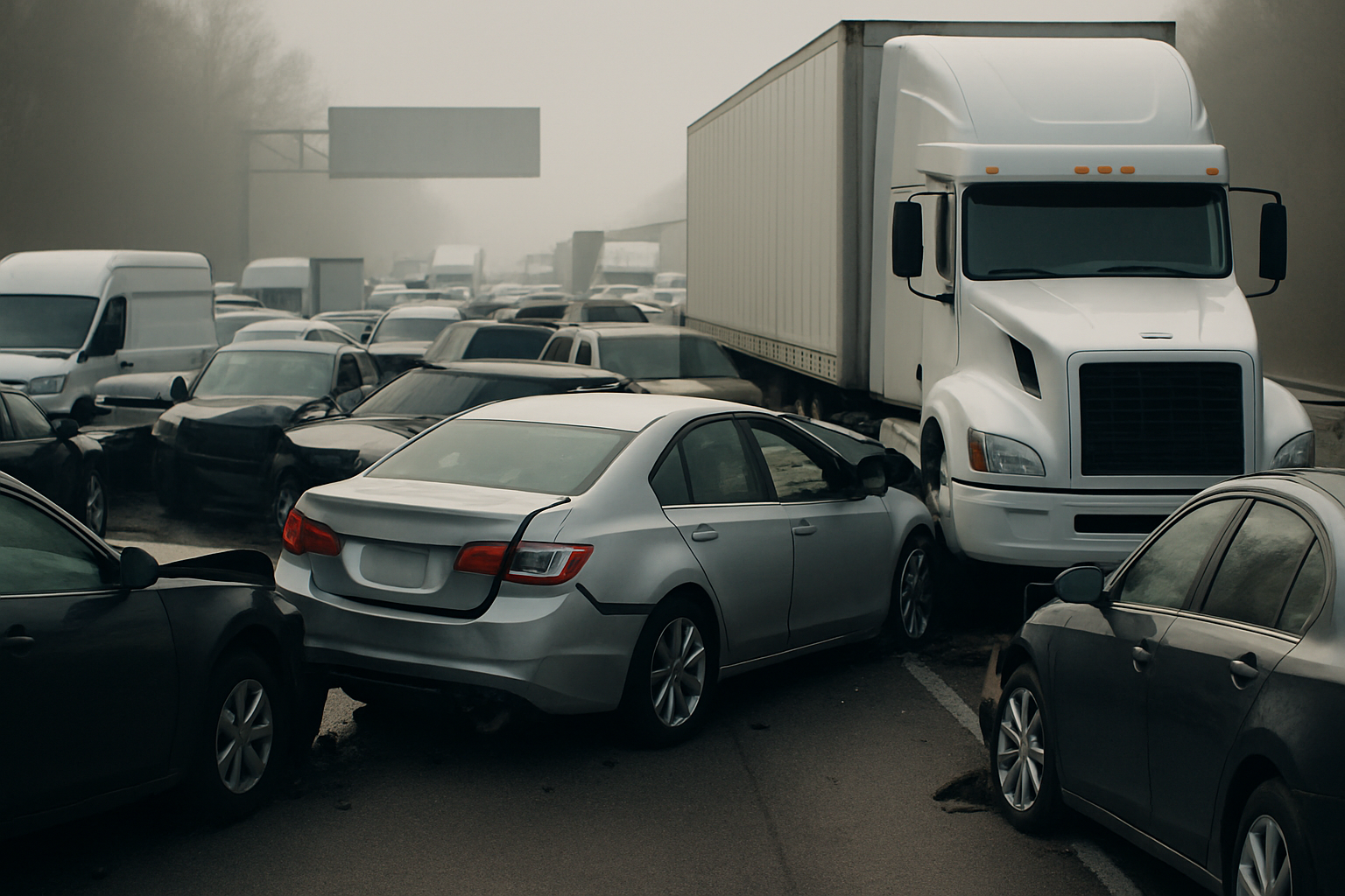Multiple vehicles, including cars and trucks in various shades of gray and white, are piled together on a foggy highway
