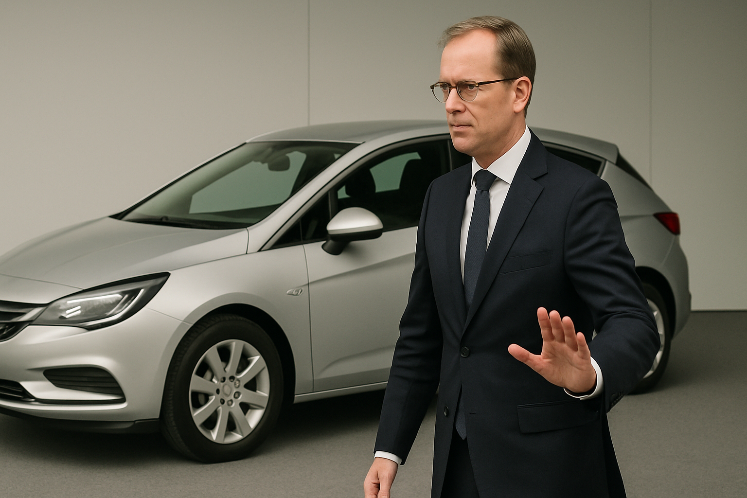 A man in a dark suit gestures with his hand in front of a silver hatchback against a plain, light background