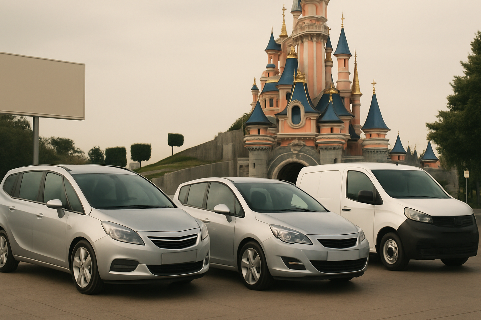 Three silver and white cars stand parked in front of a fairytale castle with blue rooftops and golden spires