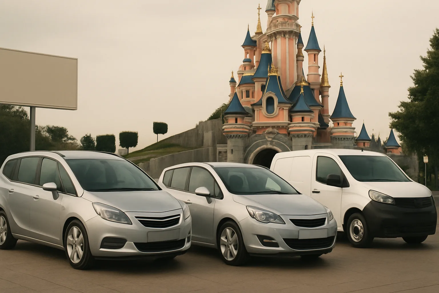 Three silver and white cars stand parked in front of a fairytale castle with blue rooftops and golden spires