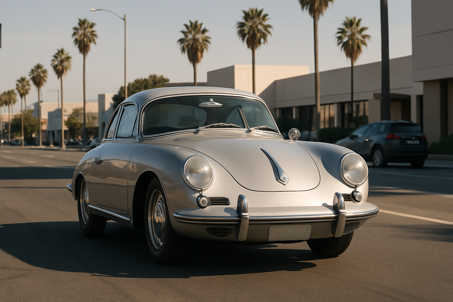 A curvy silver classic coupe drives down a sunny, palm-lined street with soft shadows and mid-century buildings in the background