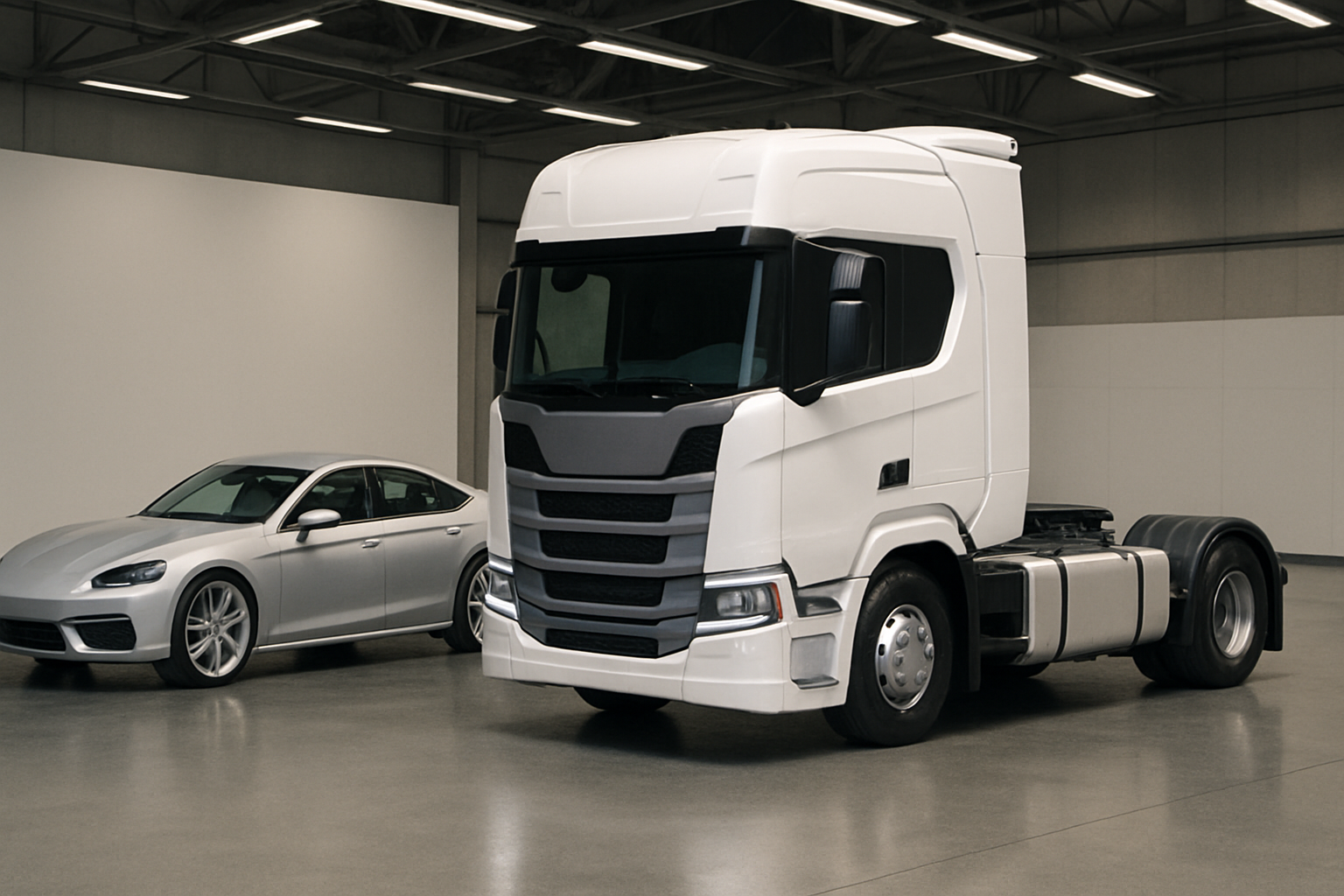 A white truck cab with black grille and accents parked in a modern industrial space beside a sleek silver car