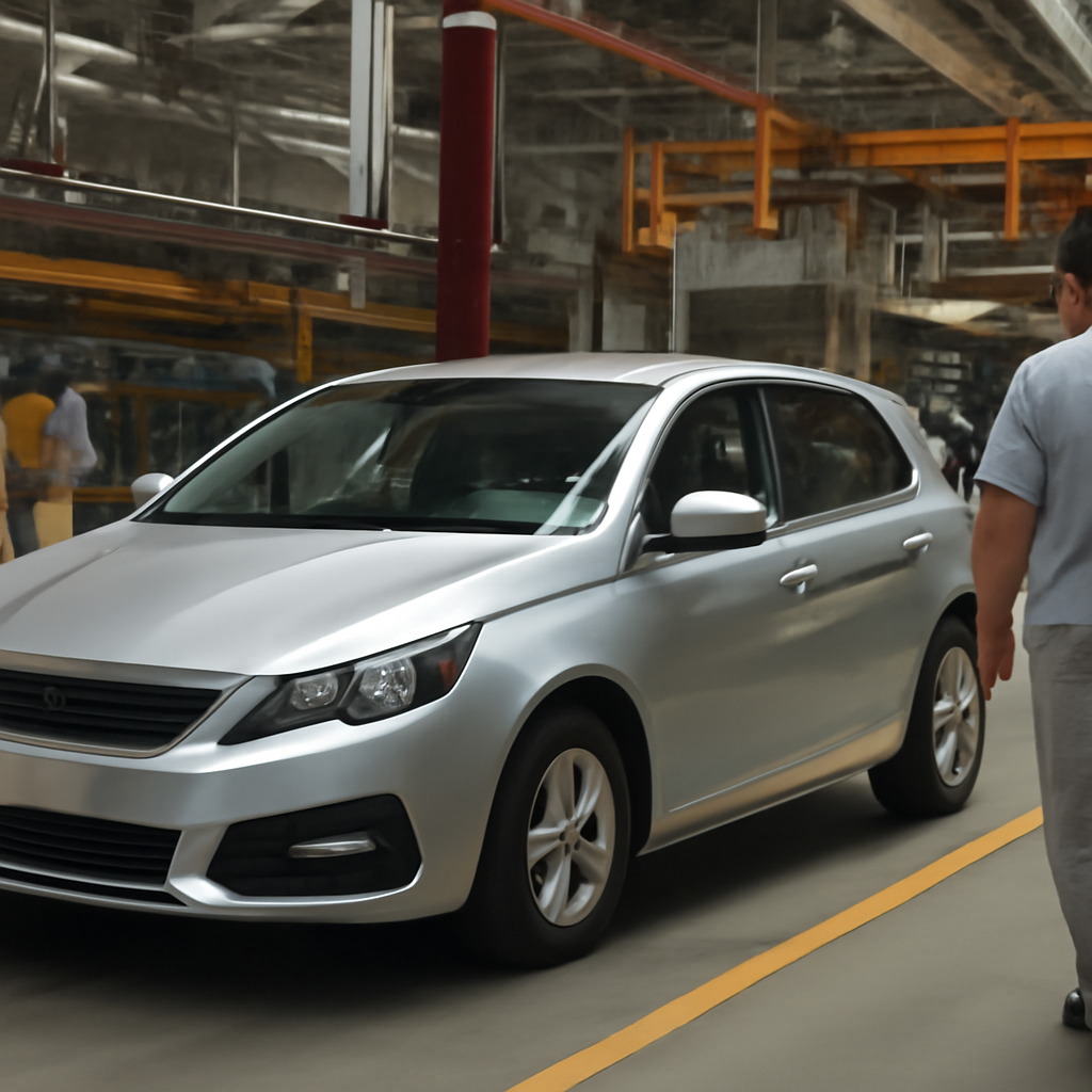 A silver compact car in an industrial setting with a man walking nearby, surrounded by reflective surfaces and machinery.