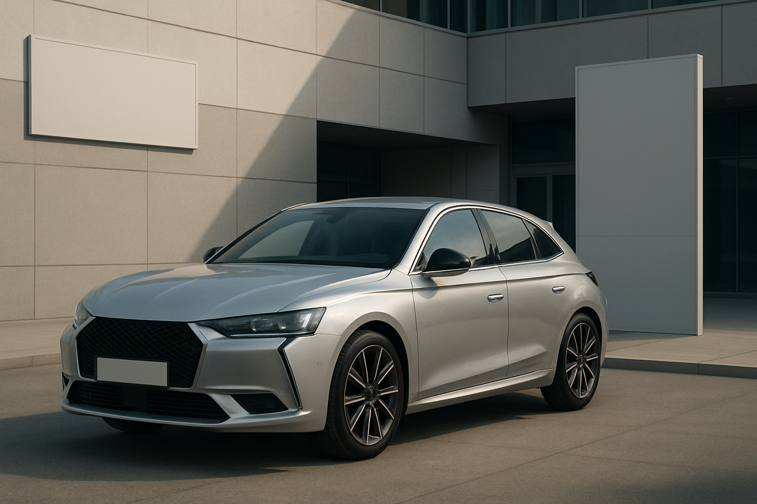 Sleek silver car with dark windows and black alloy wheels parked by a modern concrete building in soft daylight
