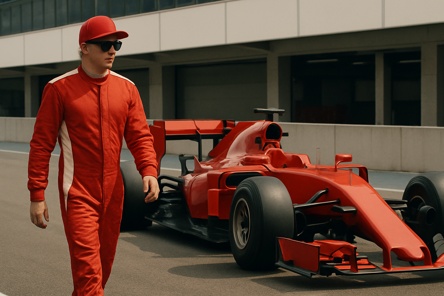A person in a red racing suit and cap walks past a sleek red single-seater car on a sunlit pit lane