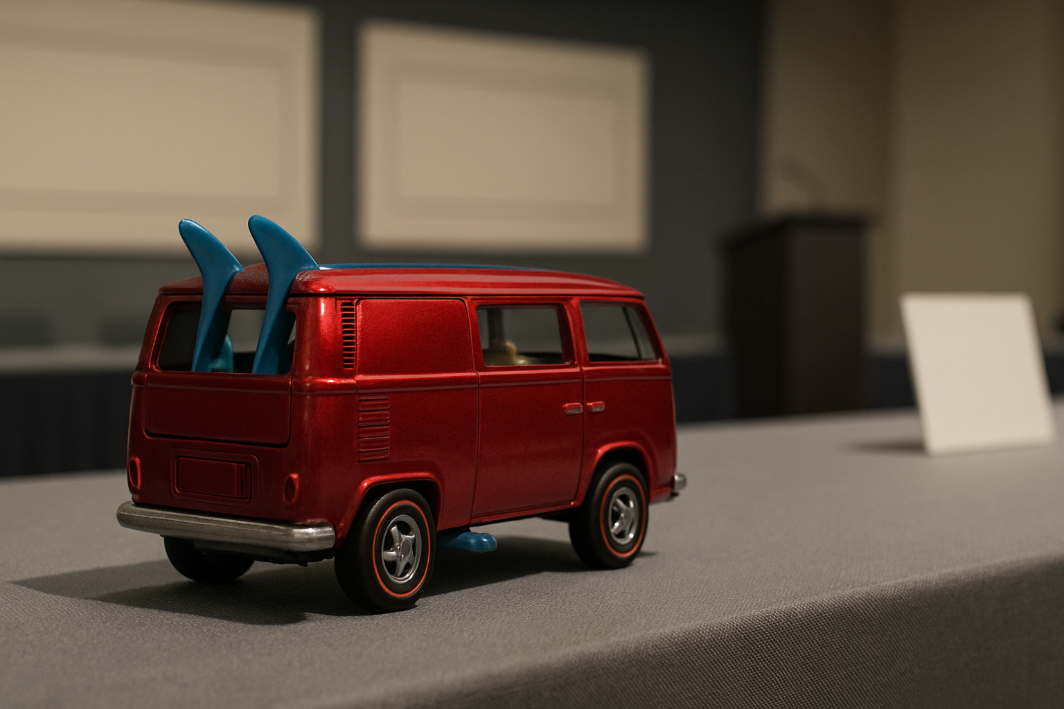 A small, shiny red toy van with blue surfboards at the back sits on a grey tabletop in a muted indoor setting