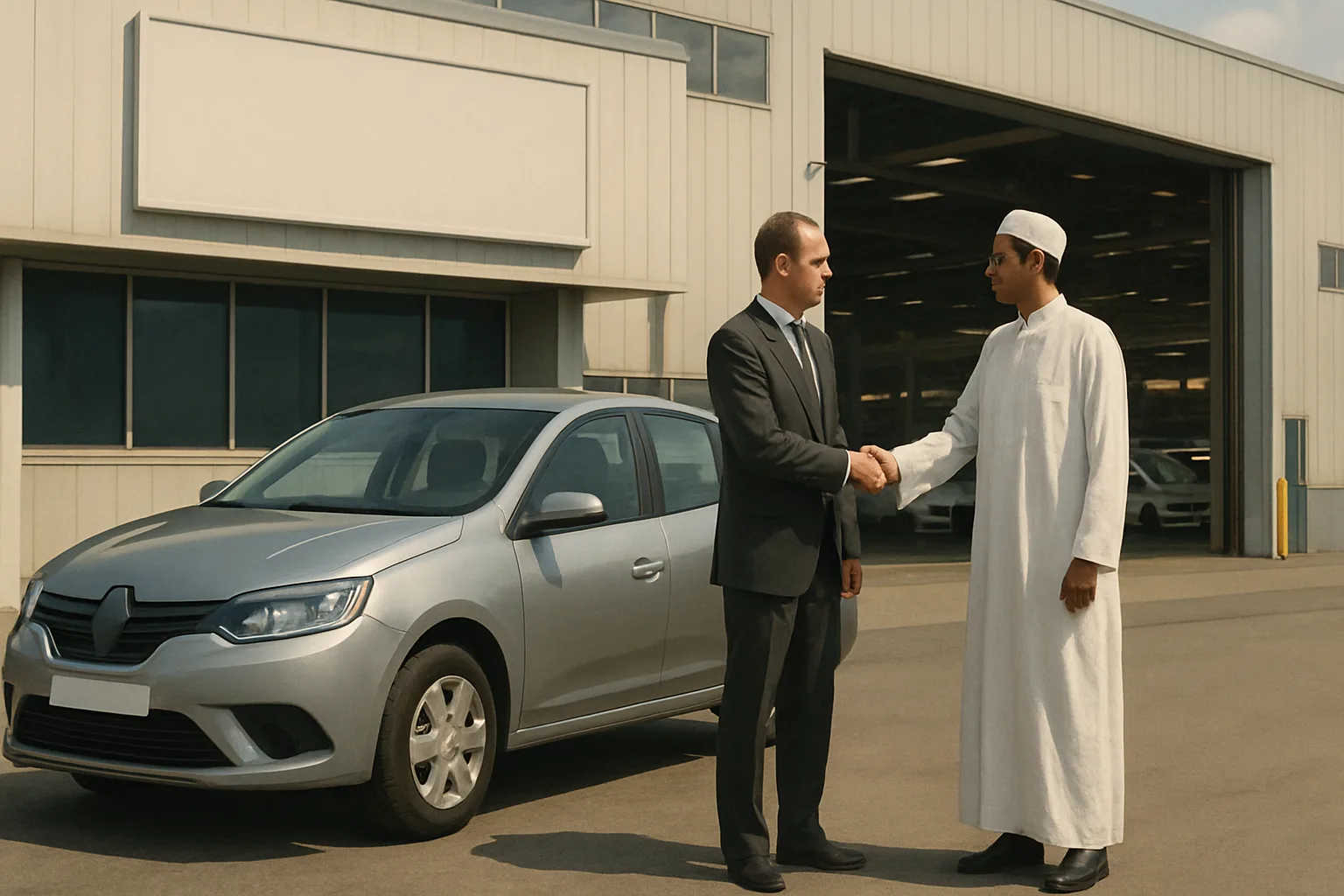 Two men, one in a suit and one in a white robe and cap, shake hands beside a grey car outside a modern industrial building