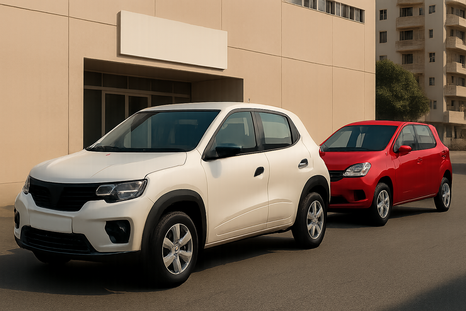 Two compact hatchbacks, one white and one red, are parked on a sunlit street beside beige apartment buildings