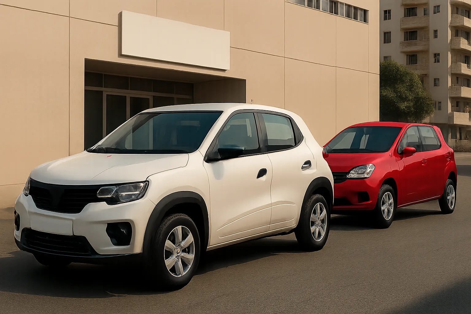 Two compact hatchbacks, one white and one red, are parked on a sunlit street beside beige apartment buildings