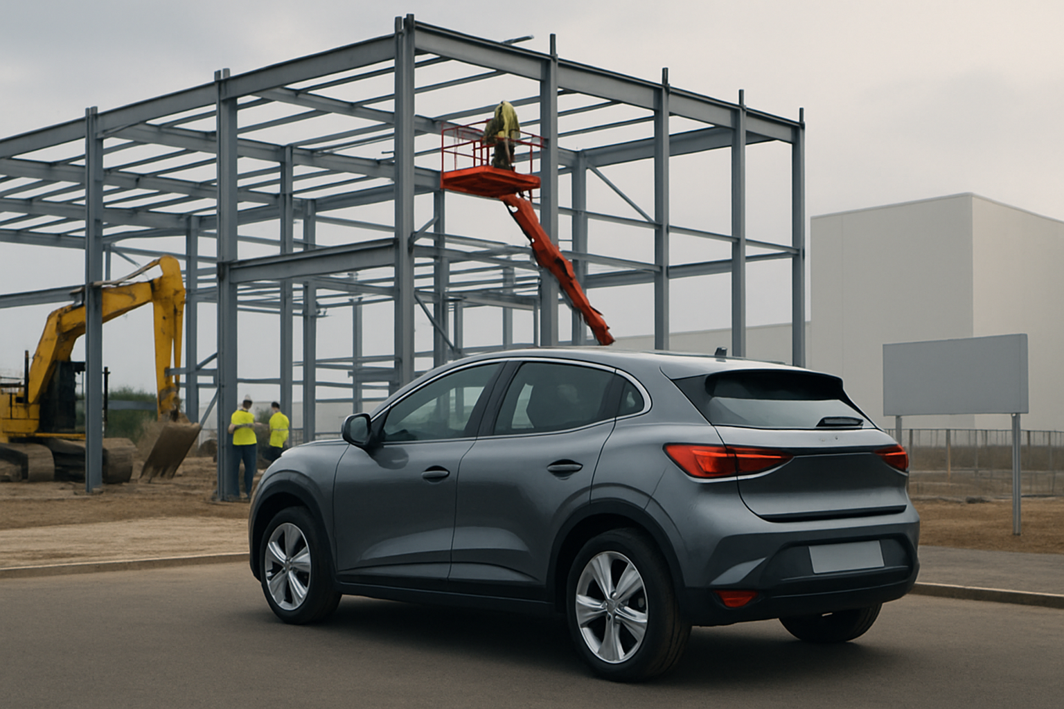 A grey SUV parked near a steel building framework, with workers and construction equipment in the background