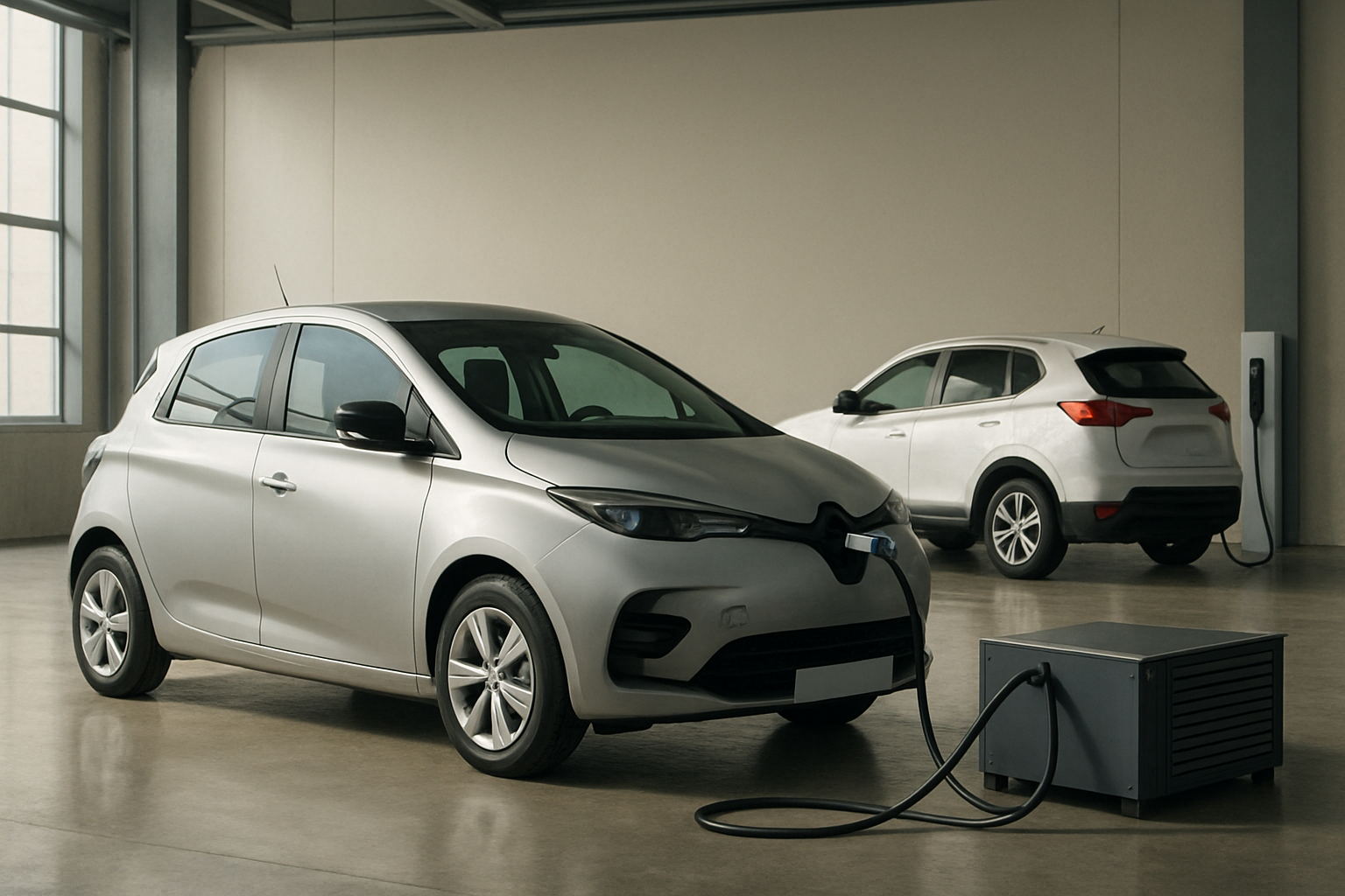 Two silver hatchbacks in a spacious, sunlit garage are plugged into separate gray charging units on a polished floor