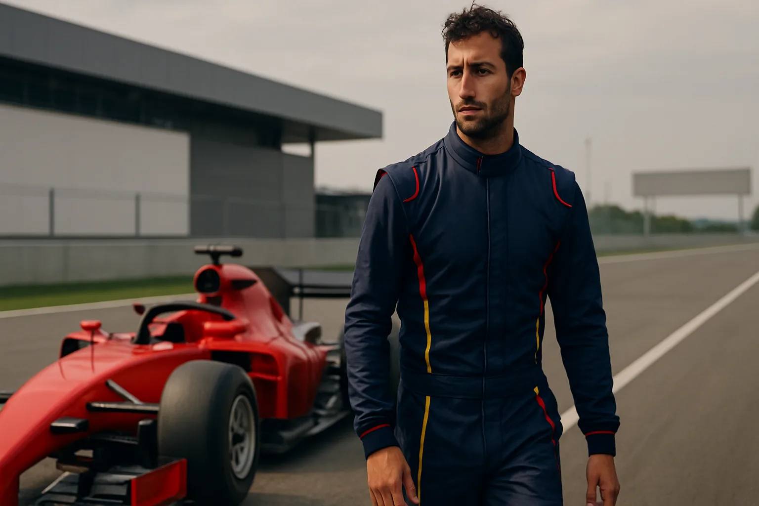 A man in a dark racing suit with yellow and red accents walks along a racetrack beside a sleek red Formula 1-style car