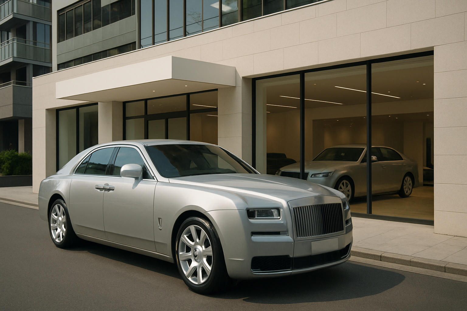 A sleek silver luxury sedan parked on smooth pavement outside a modern glass-fronted building with soft natural lighting