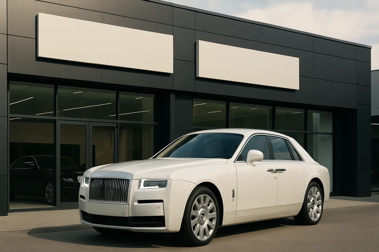 A sleek white luxury sedan with chrome accents parked outside a modern dark grey building with blank signs
