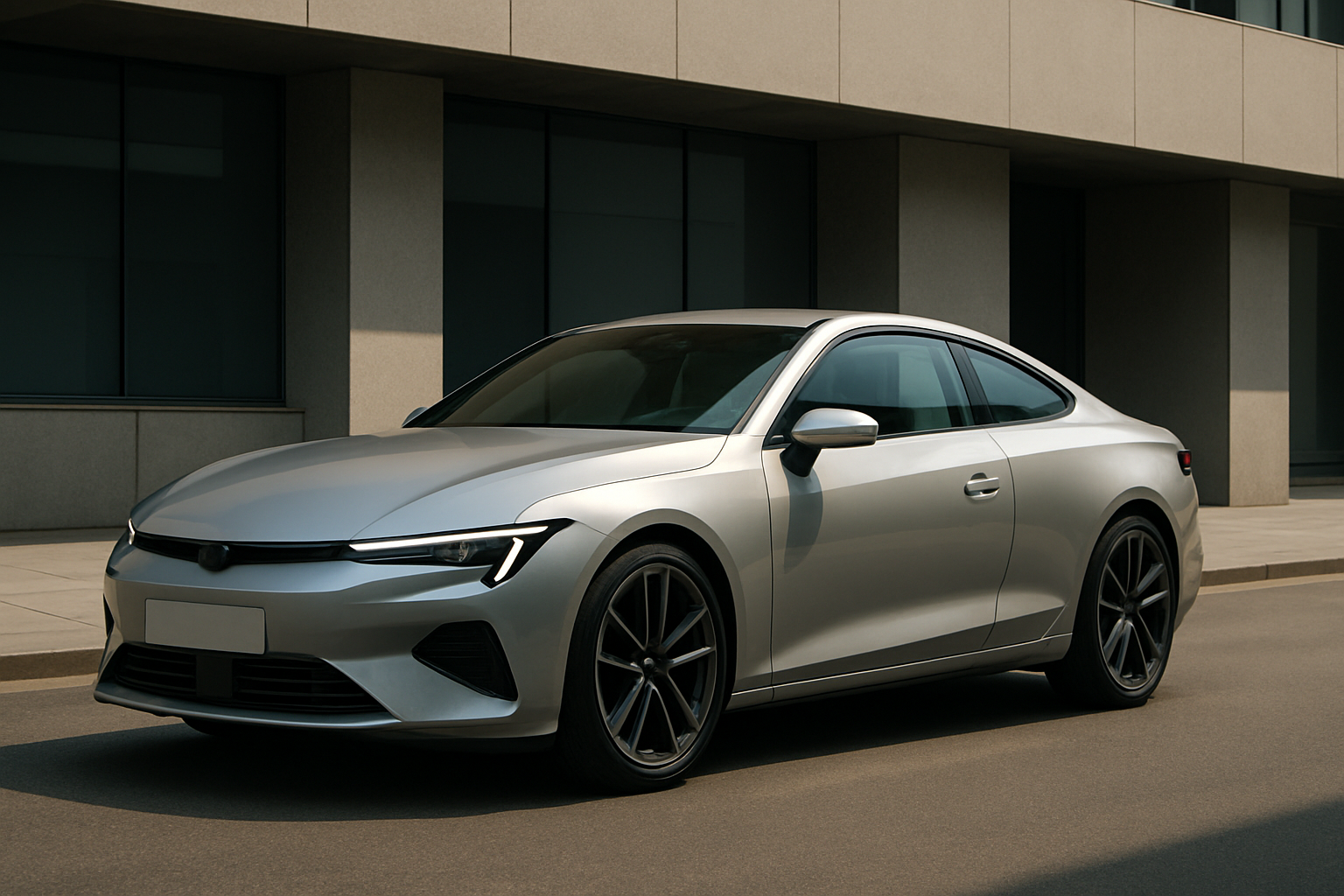 Silver coupe with smooth sculpted lines and narrow headlights parked on a sunlit urban street beside a modern building