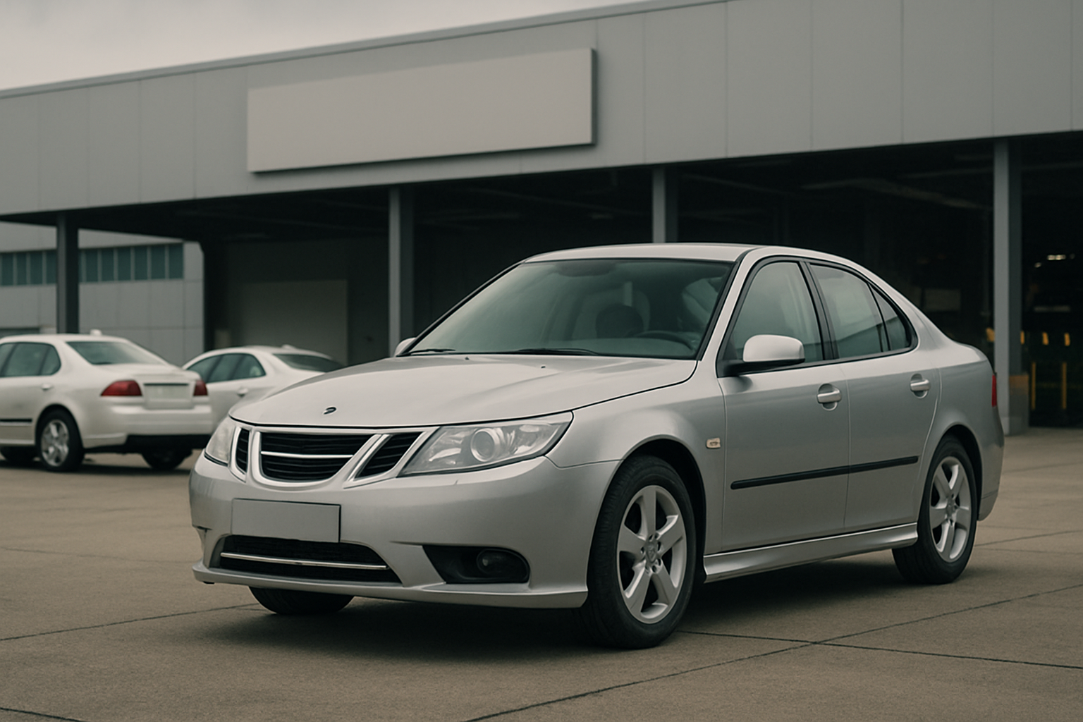 A silver sedan parked on an empty concrete lot in front of a plain grey industrial building on an overcast day
