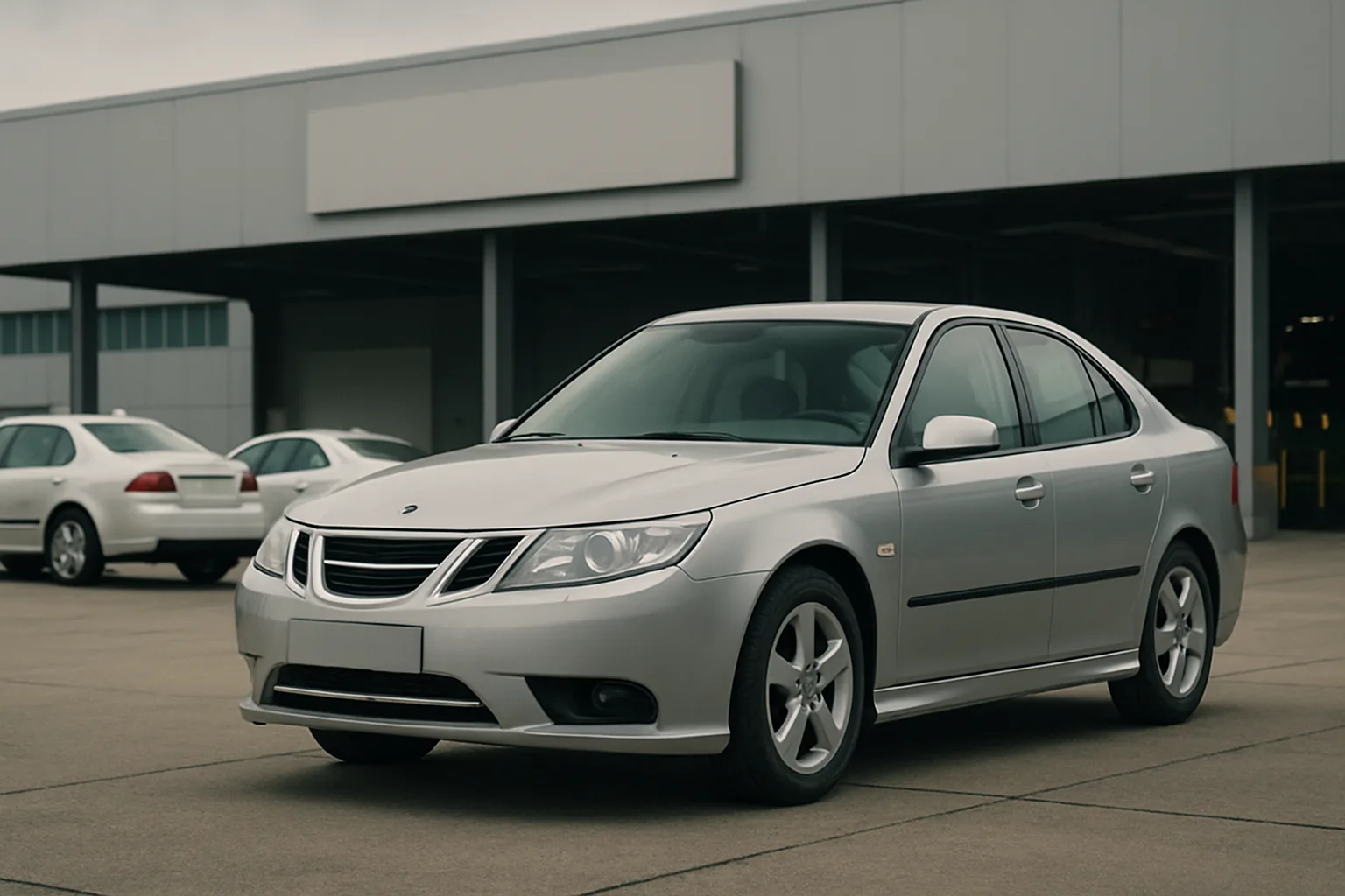 A silver sedan parked on an empty concrete lot in front of a plain grey industrial building on an overcast day