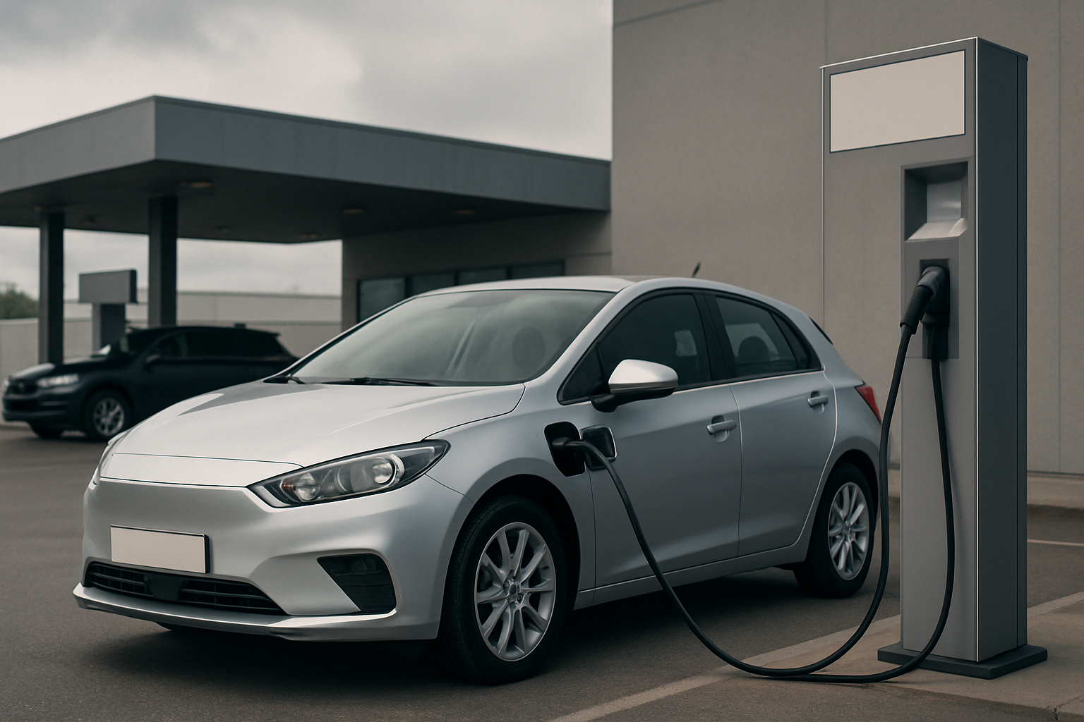 A silver hatchback parked outside a modern building is plugged into a charging station on an overcast day