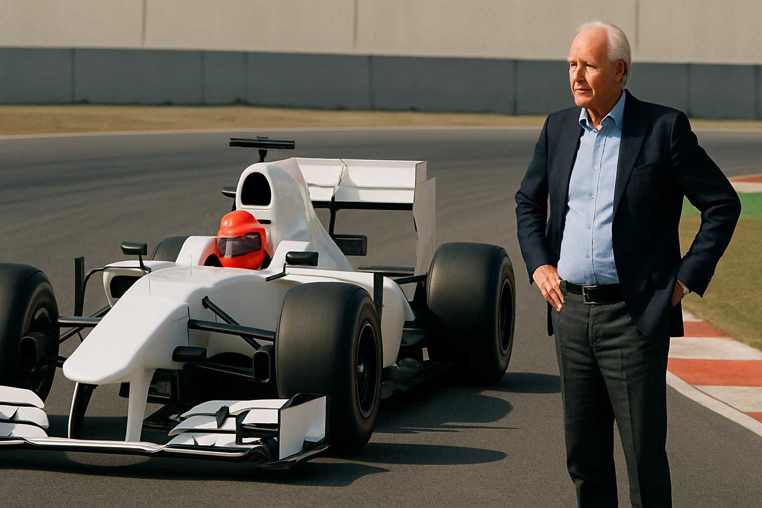 Older man in a navy suit stands on a racetrack beside a white open-wheel race car with a red-helmeted driver inside