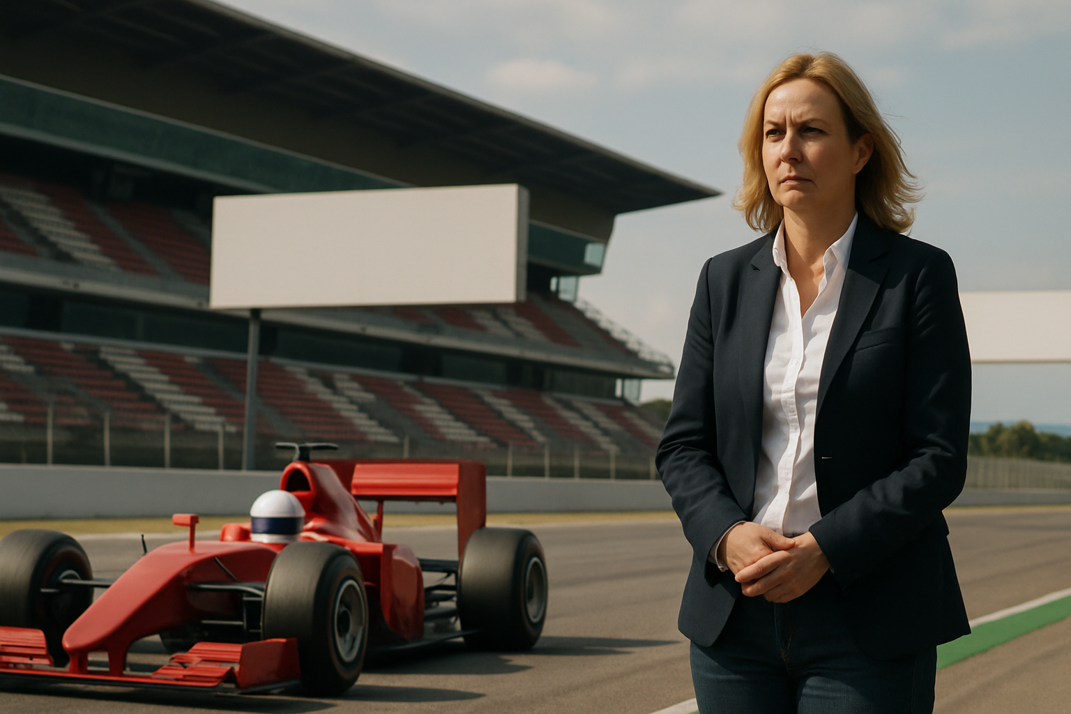 Woman in a dark blazer stands on a racetrack with an empty grandstand and red formula-style car behind her