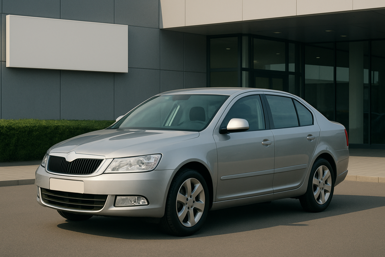 A silver sedan with tinted windows parked on grey asphalt outside a modern building with large glass and blank signage