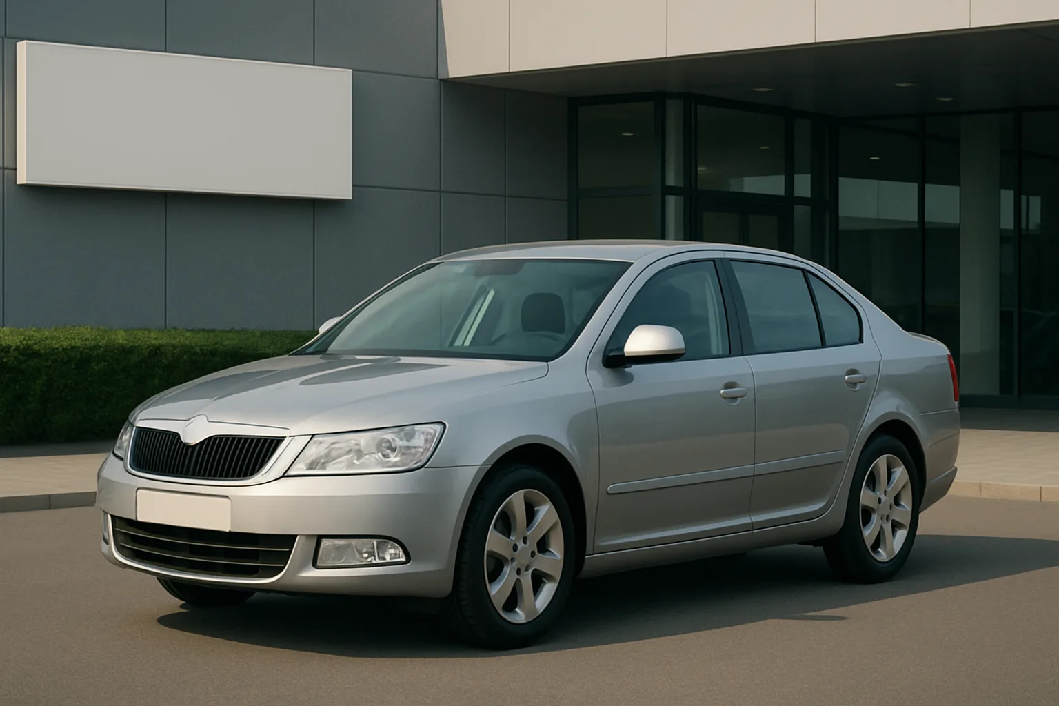 A silver sedan with tinted windows parked on grey asphalt outside a modern building with large glass and blank signage