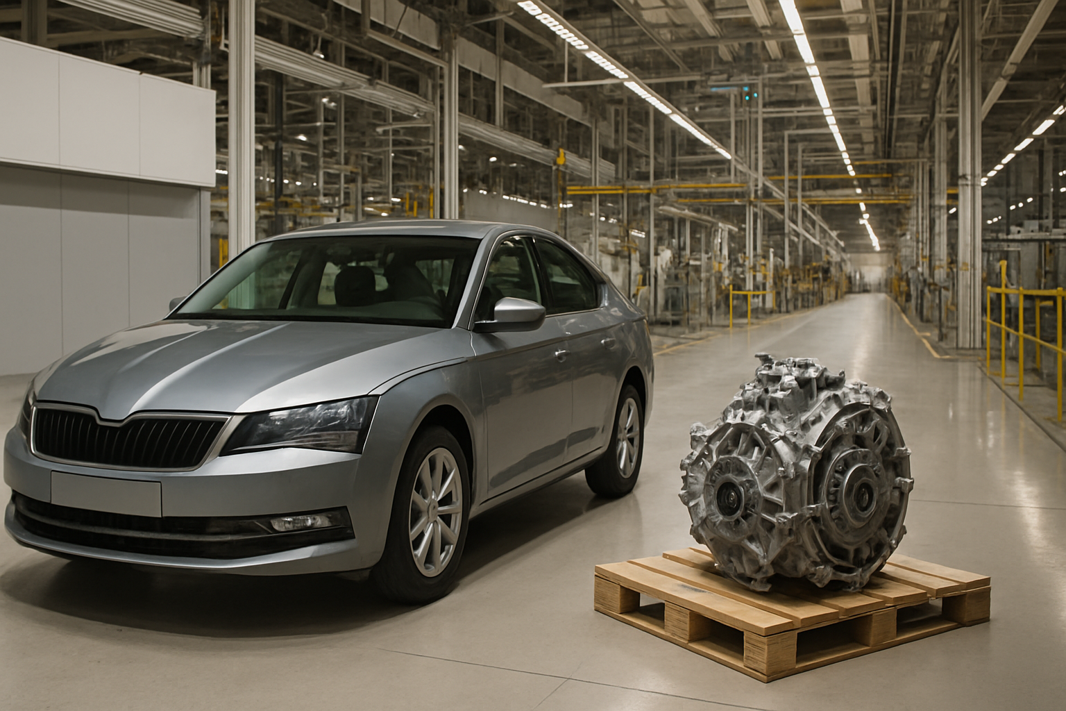 A silver car parked indoors next to a large metallic gearbox displayed on a wooden pallet under bright industrial lighting