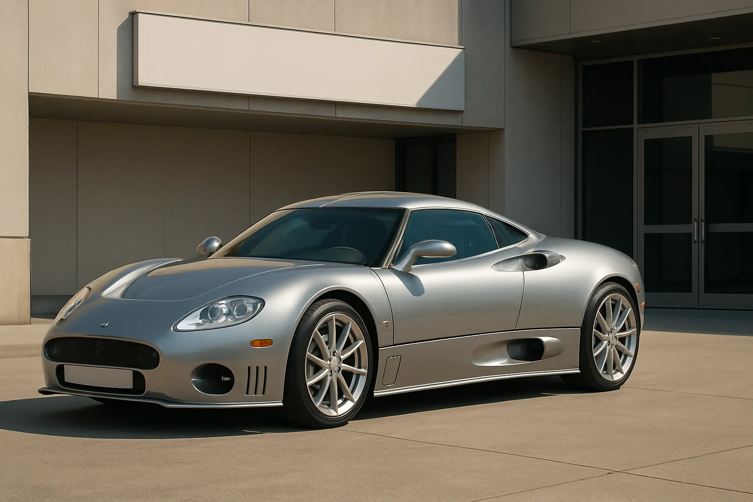 A sleek silver sports car with aerodynamic curves and large alloy wheels parked on a sunlit concrete surface