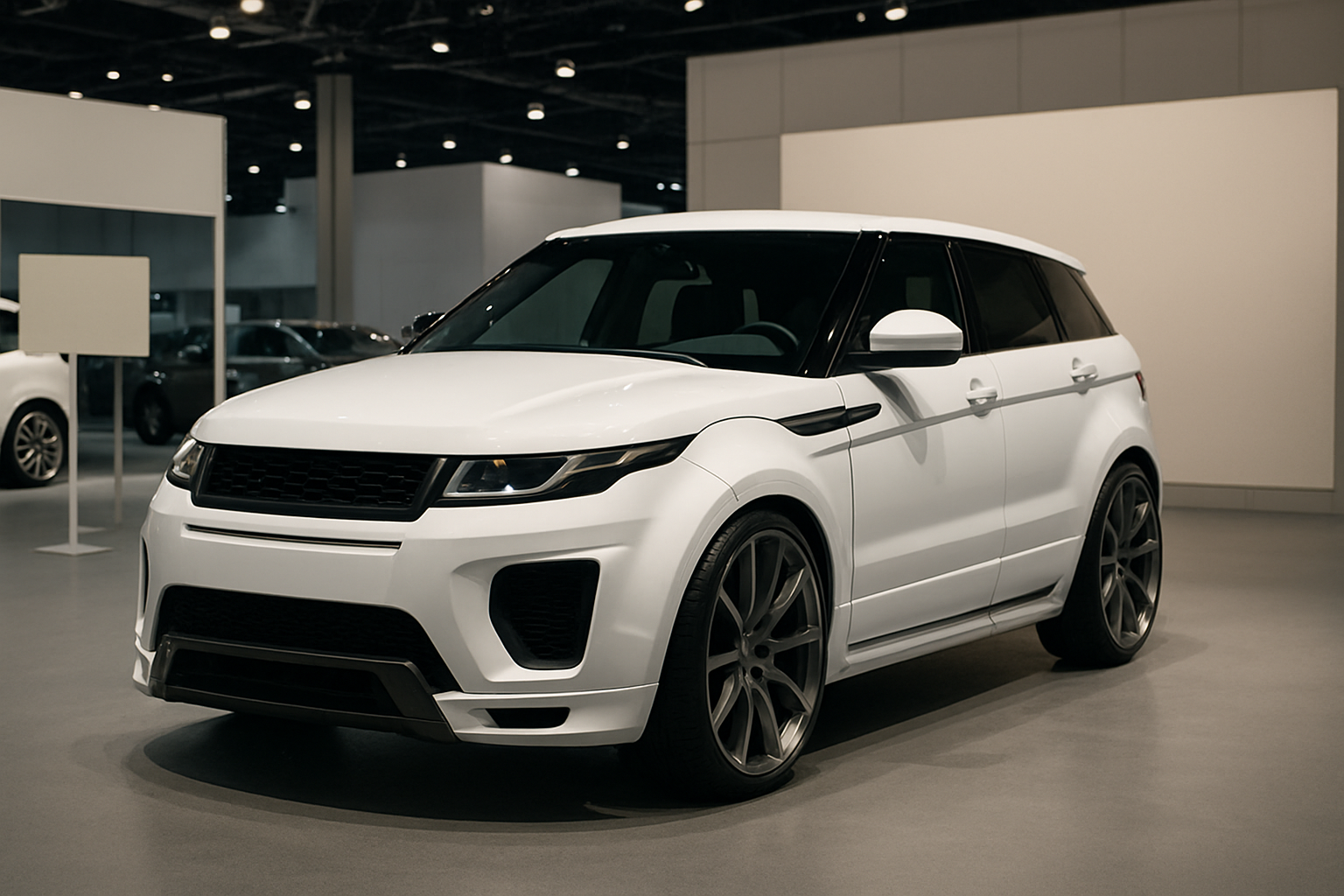 Sleek matte white SUV with tinted windows and large dark alloy wheels on display in a spacious, well-lit showroom