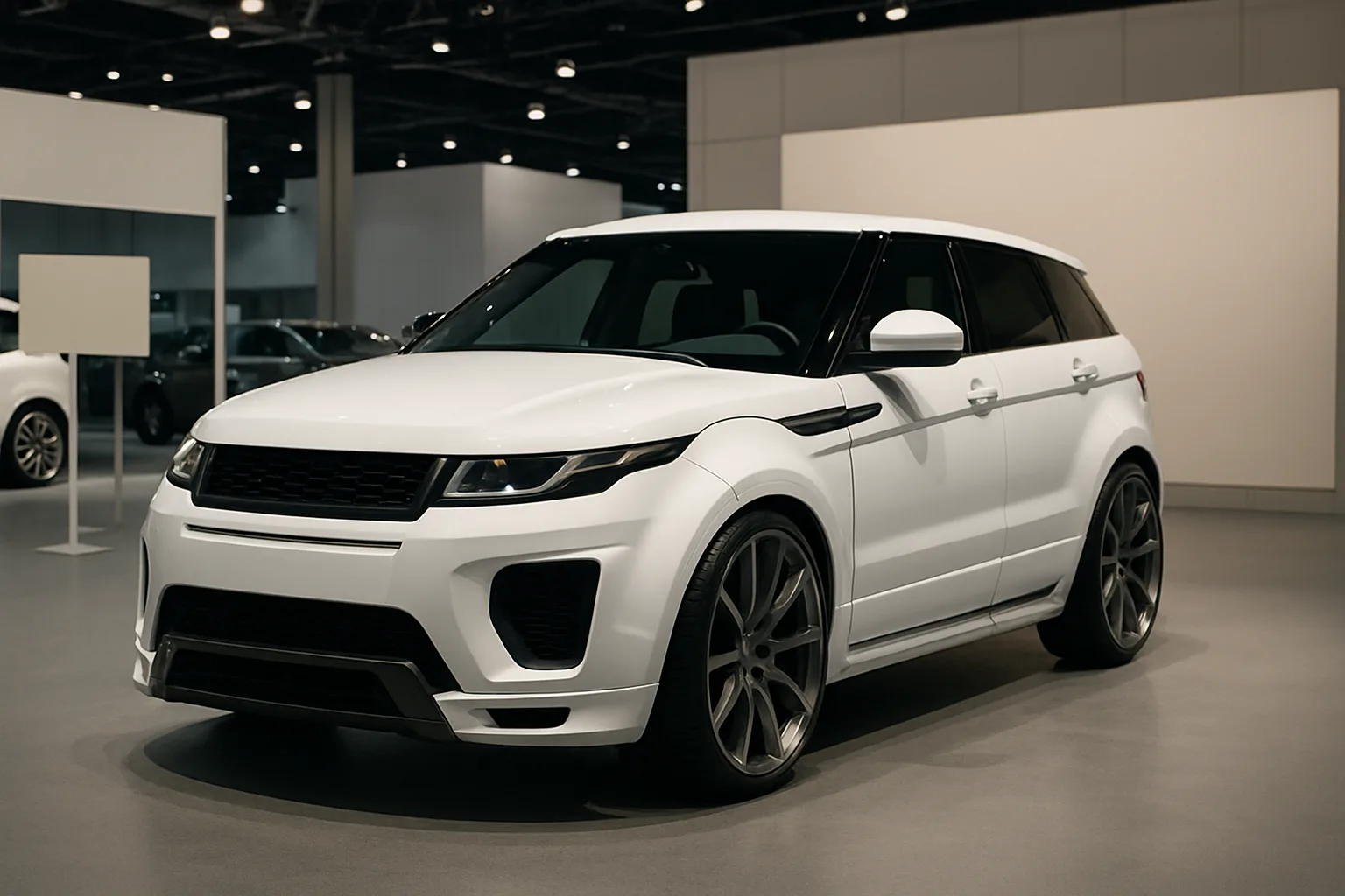 Sleek matte white SUV with tinted windows and large dark alloy wheels on display in a spacious, well-lit showroom
