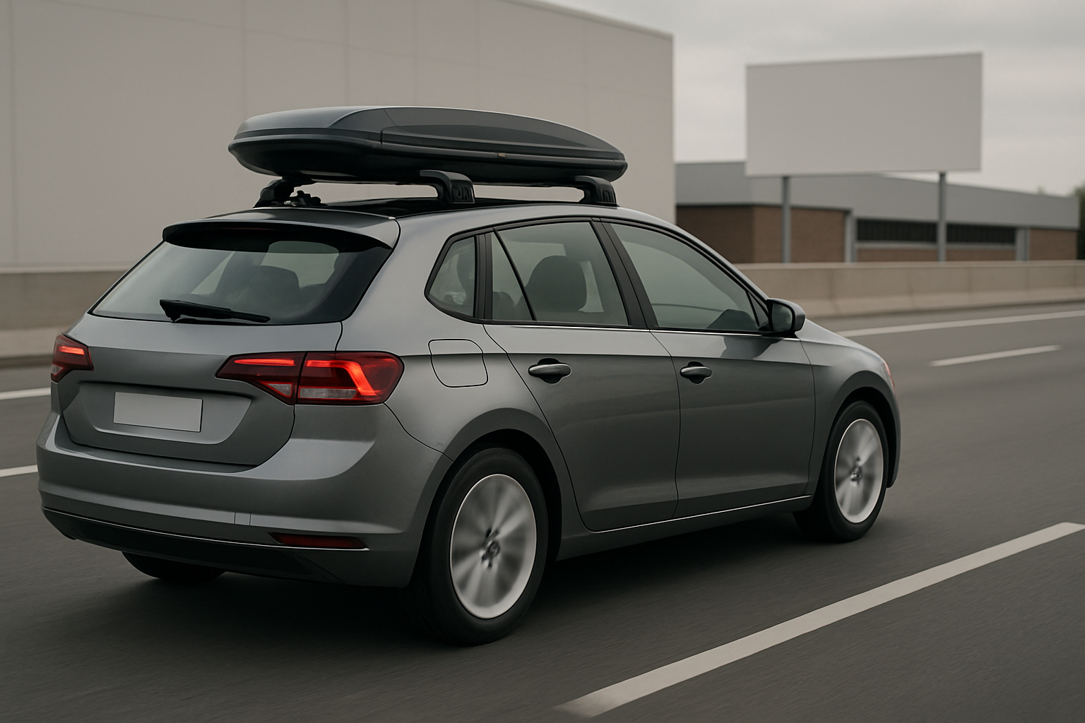 A grey hatchback with a black roof box drives on an empty highway beside modern buildings under an overcast sky