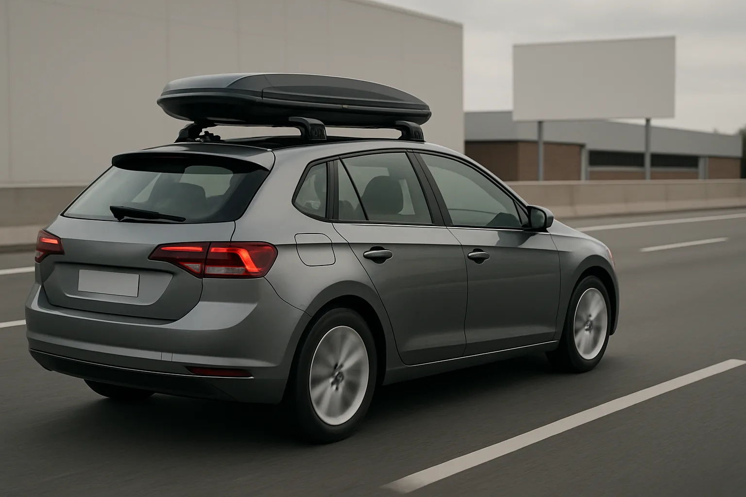 A grey hatchback with a black roof box drives on an empty highway beside modern buildings under an overcast sky