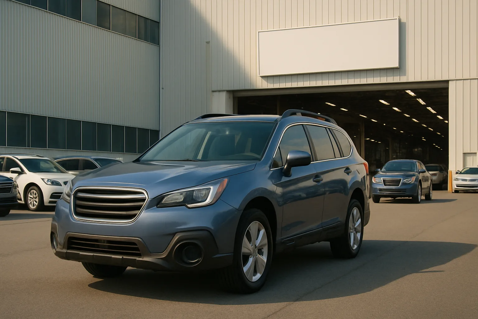 A blue SUV parked on sunlit asphalt outside a large industrial building with several cars and an empty sign overhead