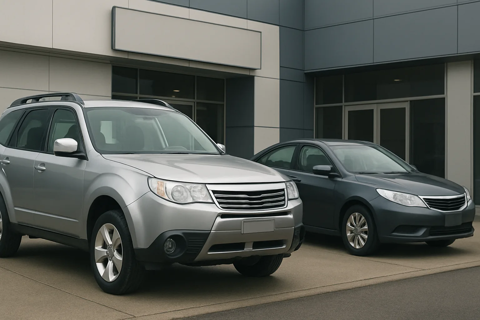 Two silver-grey cars parked side by side on a pavement in front of a modern building with large windows and grey panels