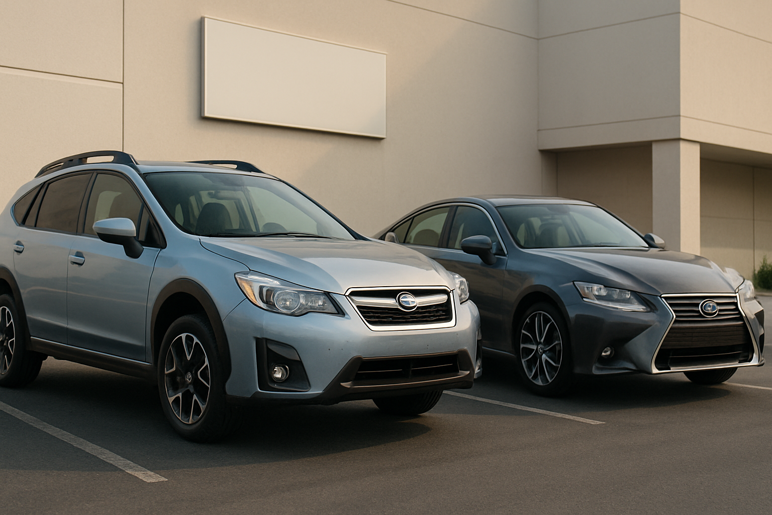 Two silver and grey cars parked side by side in an empty lot next to a beige building with soft natural lighting
