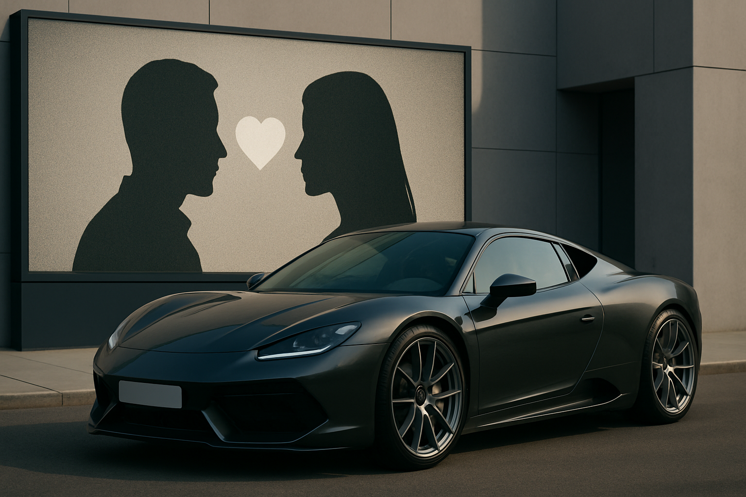 A sleek dark sports car parked in front of a wall mural showing two silhouetted profiles and a heart shape between them