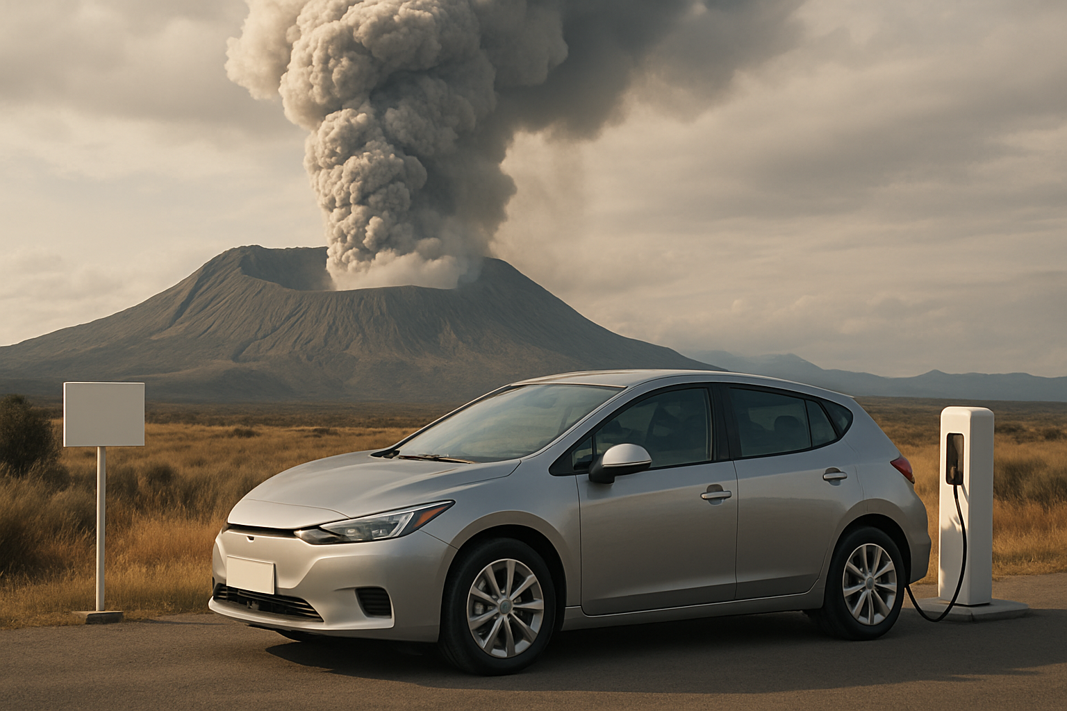 Silver car parked at an electric charging station in front of a smoking volcano under a sky of dramatic clouds