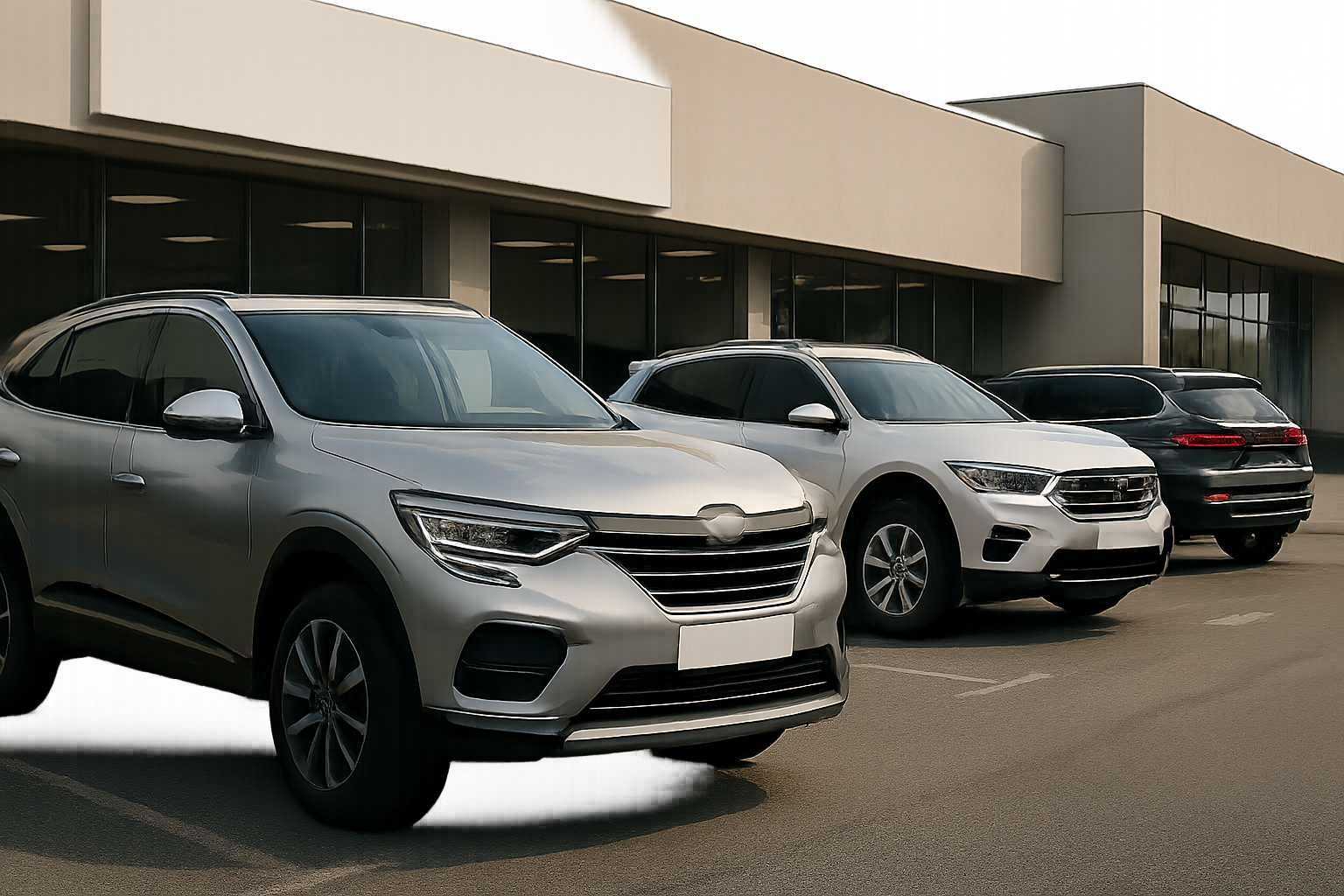 Four silver and grey SUVs parked in a row outside a modern building with large windows on an overcast day
