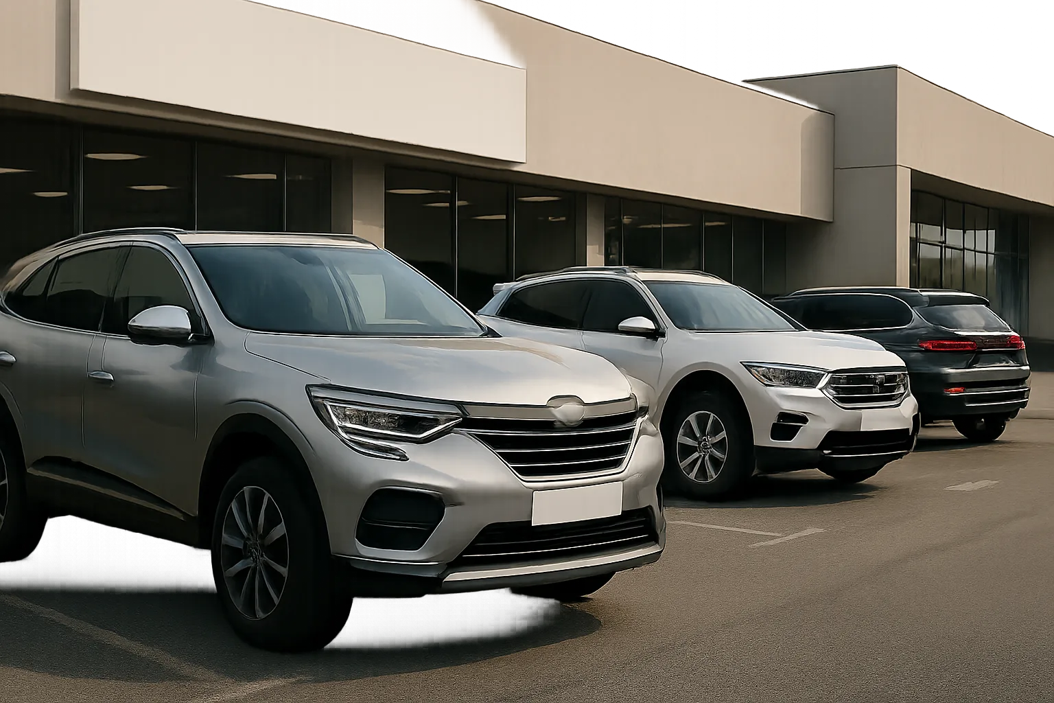 Four silver and grey SUVs parked in a row outside a modern building with large windows on an overcast day
