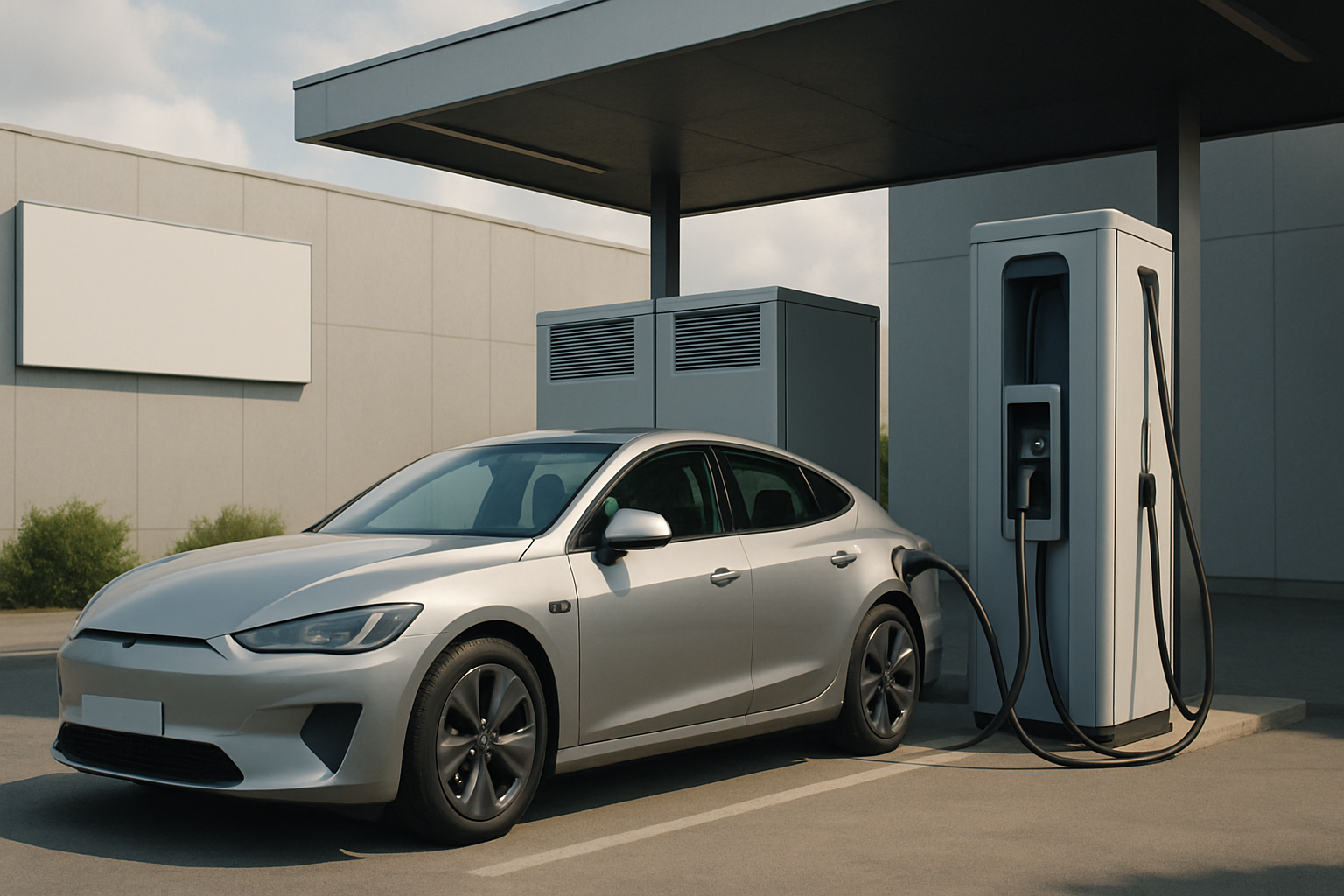 A silver electric car charges at a modern grey station against a backdrop of plain concrete buildings in soft daylight