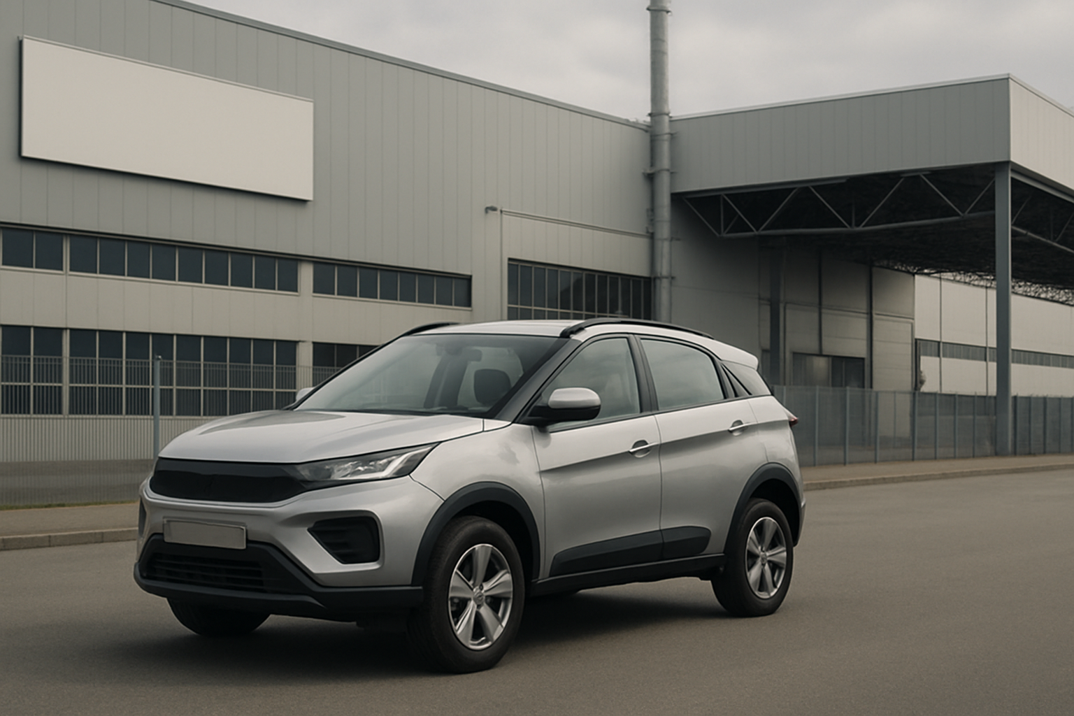 A silver crossover SUV parked on an empty road in front of a large grey industrial building under overcast sky