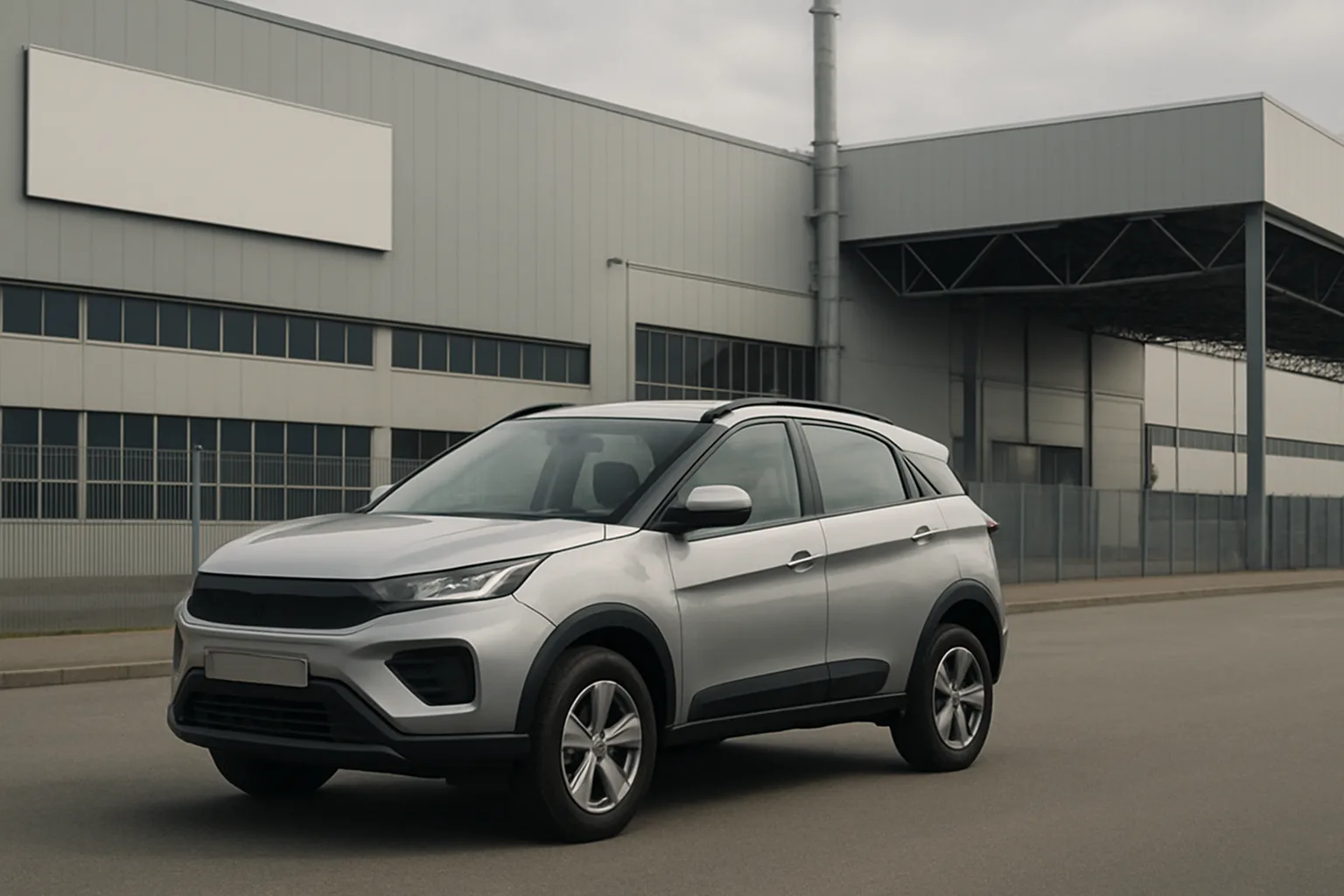 A silver crossover SUV parked on an empty road in front of a large grey industrial building under overcast sky