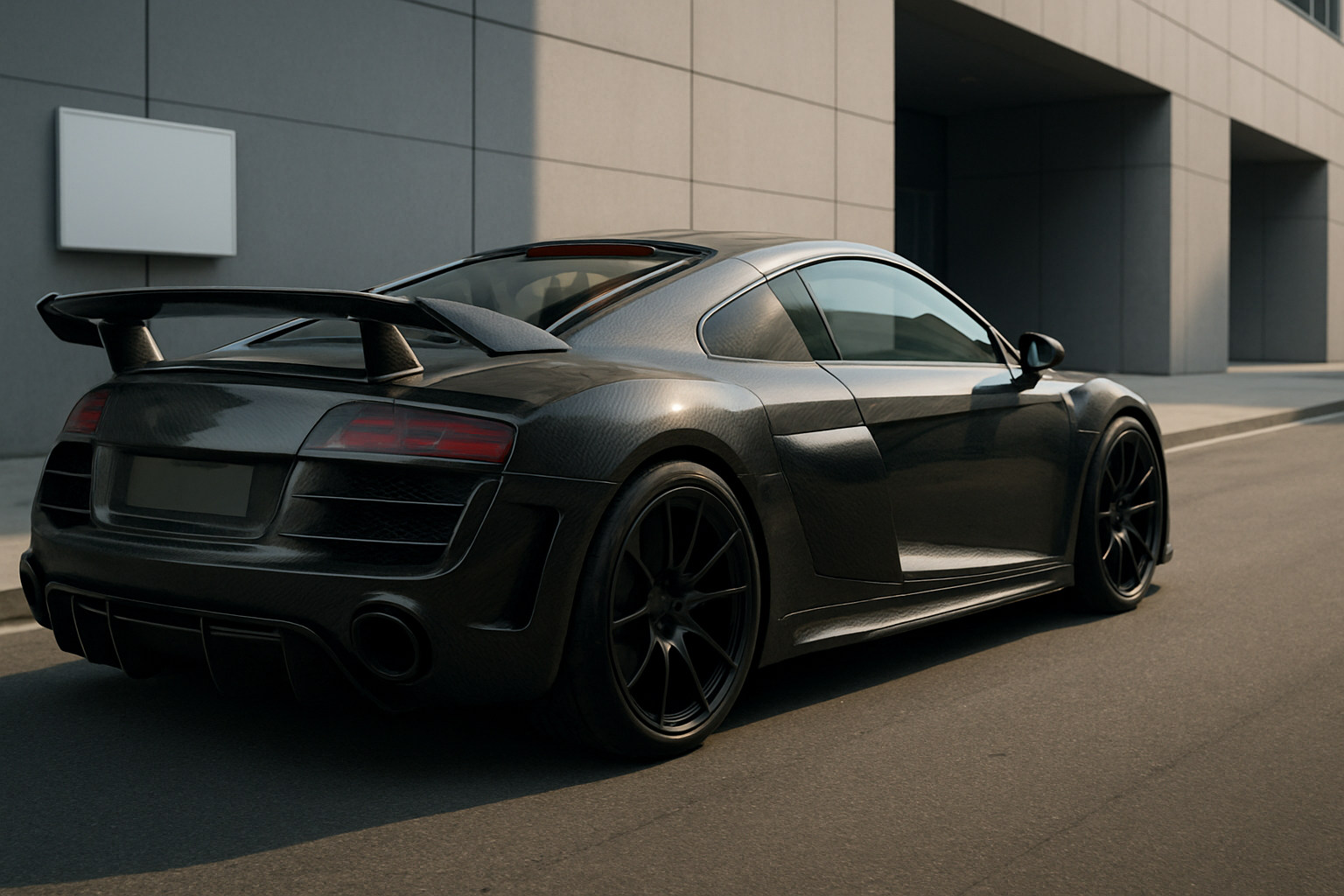 Glossy black sports car with carbon fibre texture, large rear spoiler and dark alloy wheels parked beside a modern building