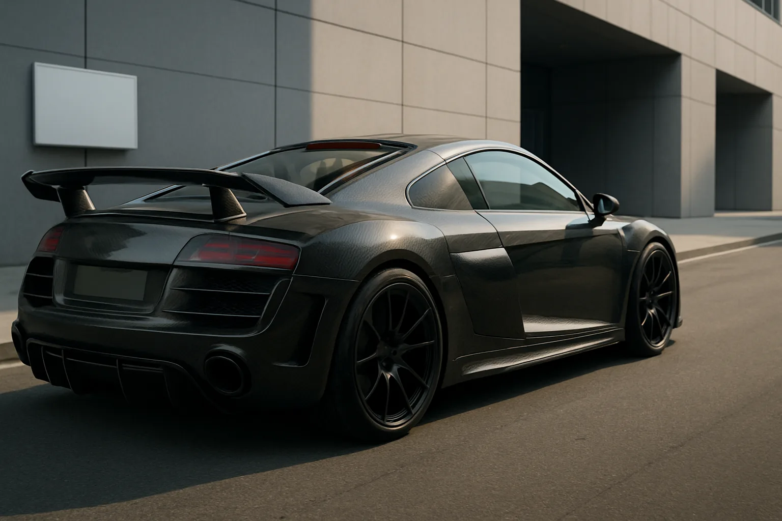 Glossy black sports car with carbon fibre texture, large rear spoiler and dark alloy wheels parked beside a modern building