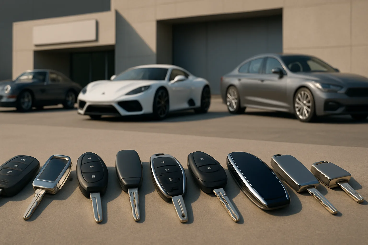 Nine distinctively shaped car keys with various metallic and plastic finishes on a smooth surface, three cars blurred behind